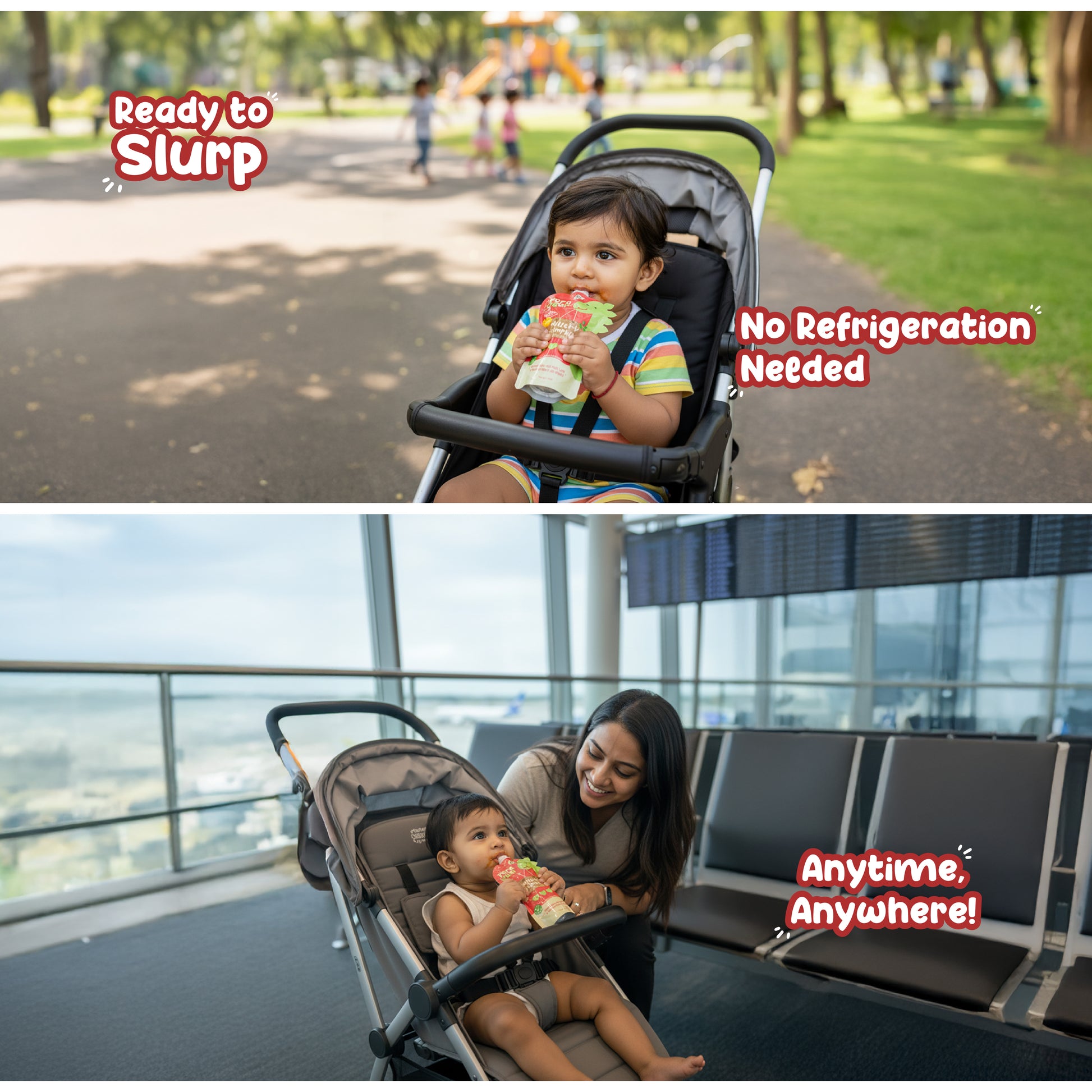 Baby enjoying Rorosaur Millet-y Pumpkin puree outdoors and at the airport, no refrigeration needed, ready to eat anywhere.