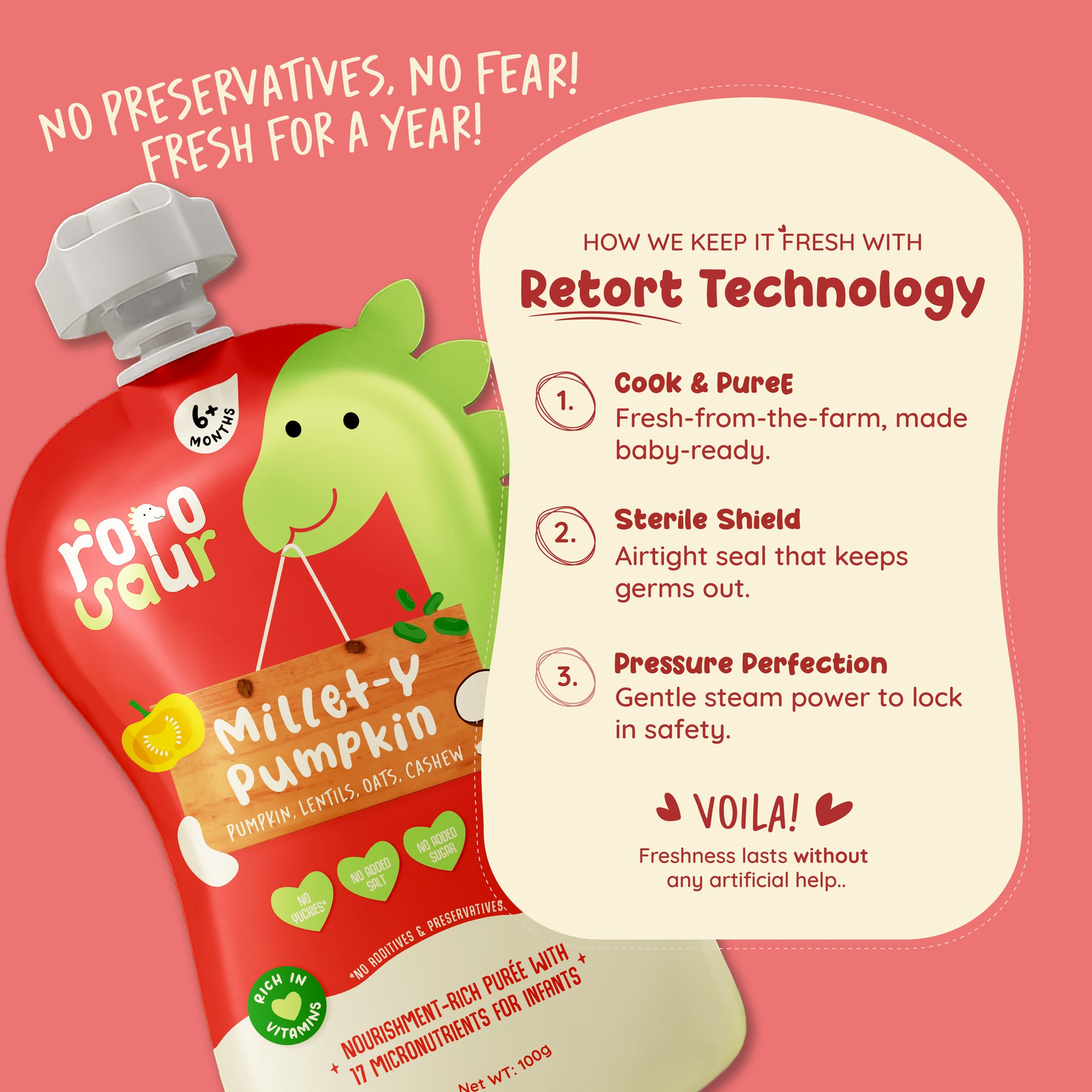 Rorosaur Millet-y Pumpkin baby puree showing retort technology that keeps food fresh for a year without preservatives.