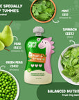 Pear-y Green baby puree showing pear, green peas, spinach, and mint ingredients.