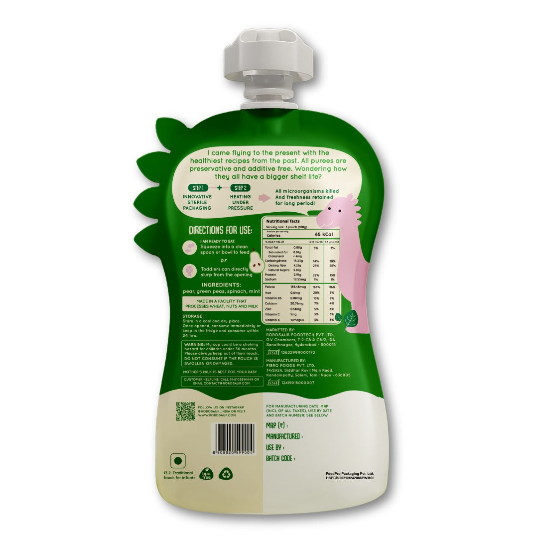 Rorosaur Pear-y Green baby puree pouch with ingredients, nutrition facts, and usage directions for infants.