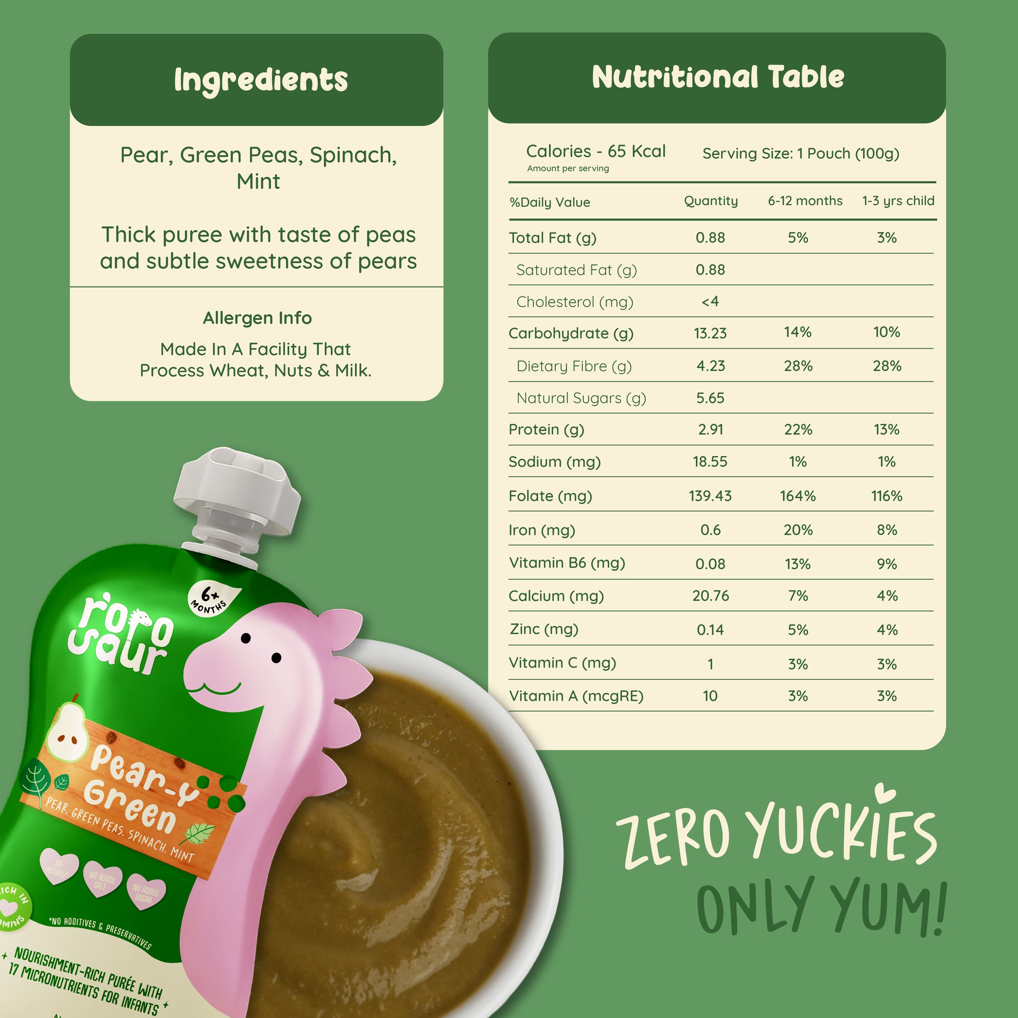  Rorosaur Pear-y Green baby puree nutrition table and thick puree with taste of peas and subtle pear sweetness.