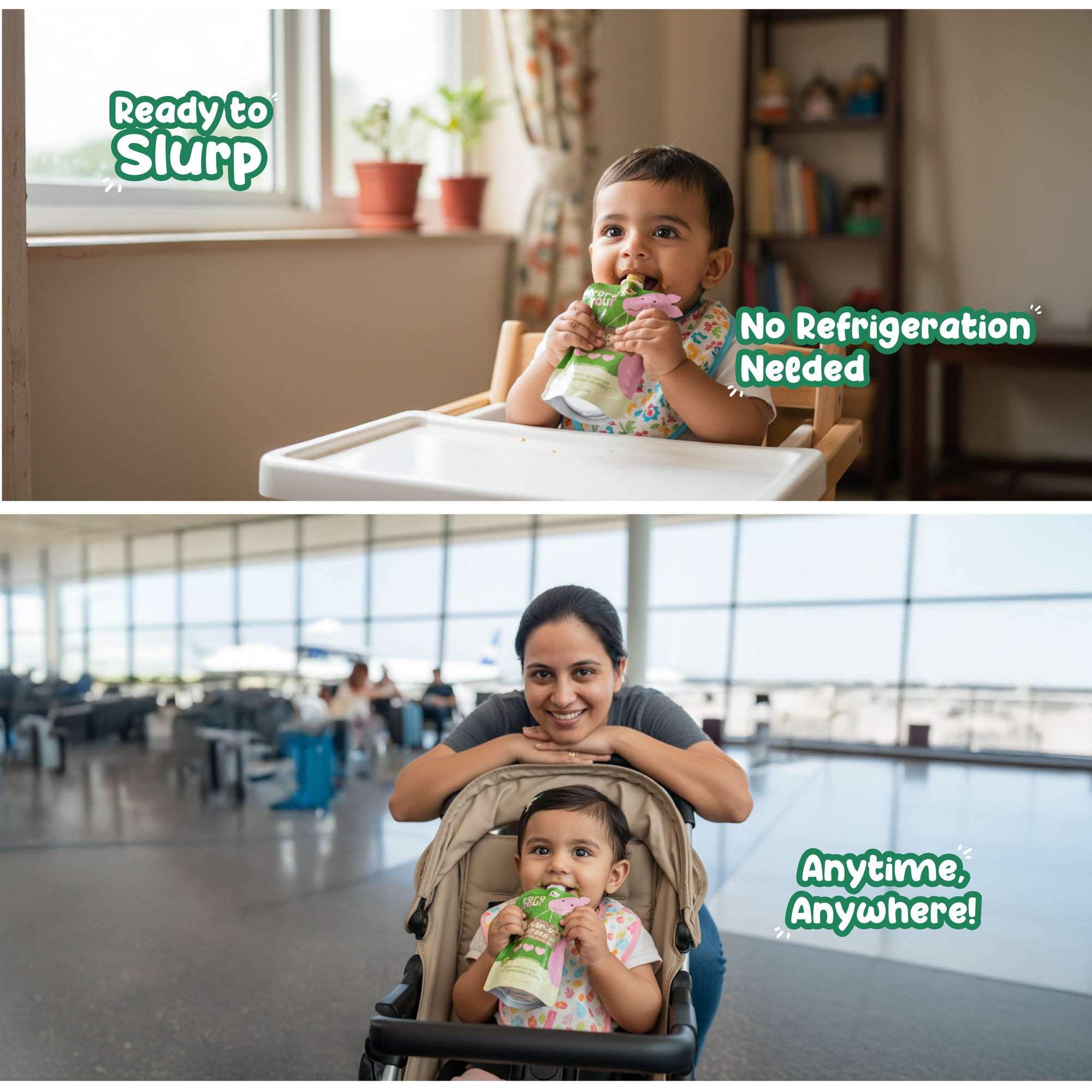 Baby enjoying Rorosaur Pear-y Green puree no refrigeration needed, ready to eat anywhere.