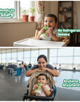 Baby enjoying Rorosaur Pear-y Green puree no refrigeration needed, ready to eat anywhere.