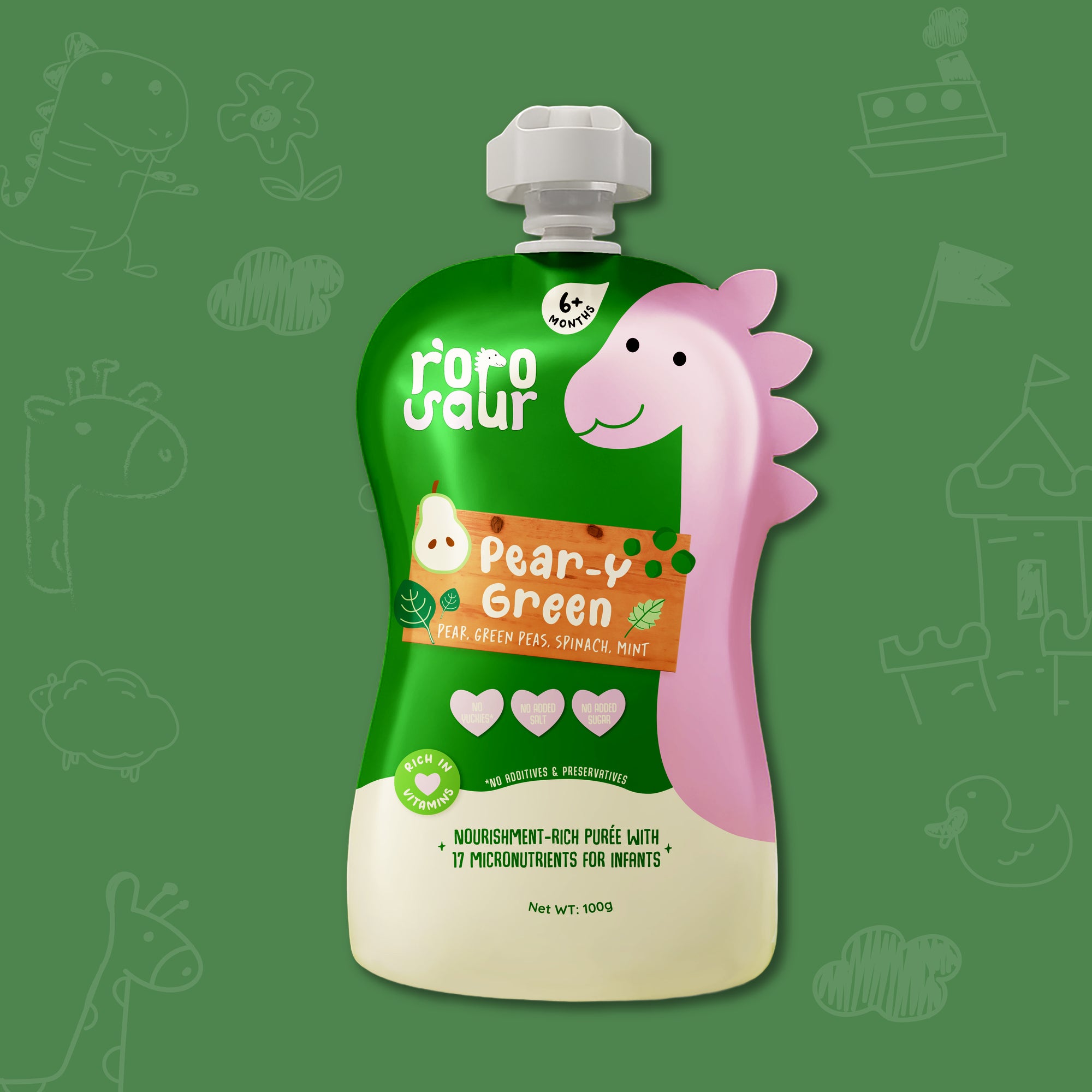 Rorosaur Pear-y Green baby puree twin pack made with pear, green peas, spinach, and mint for infants 6 months and older.