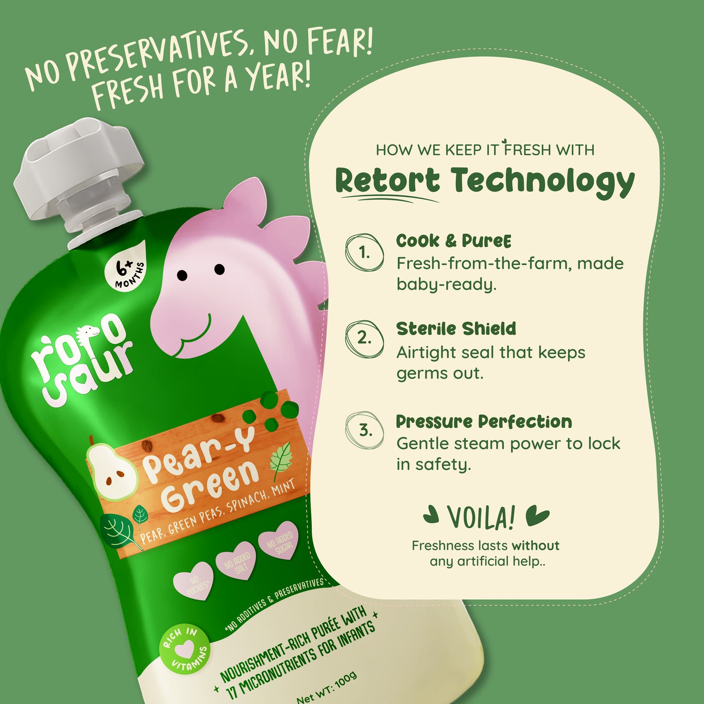 Rorosaur Pear-y Green baby puree showing retort technology that keeps food fresh for a year without preservatives.