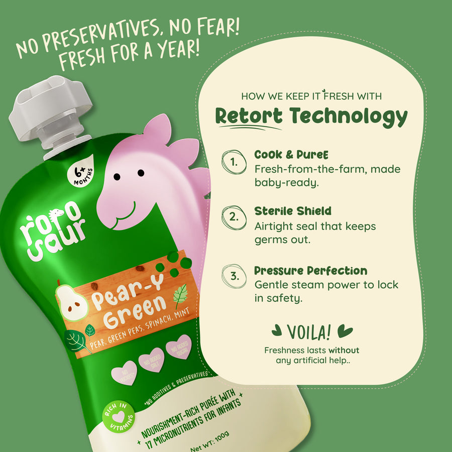 Rorosaur Pear-y Green baby puree showing retort technology that keeps food fresh for a year without preservatives.