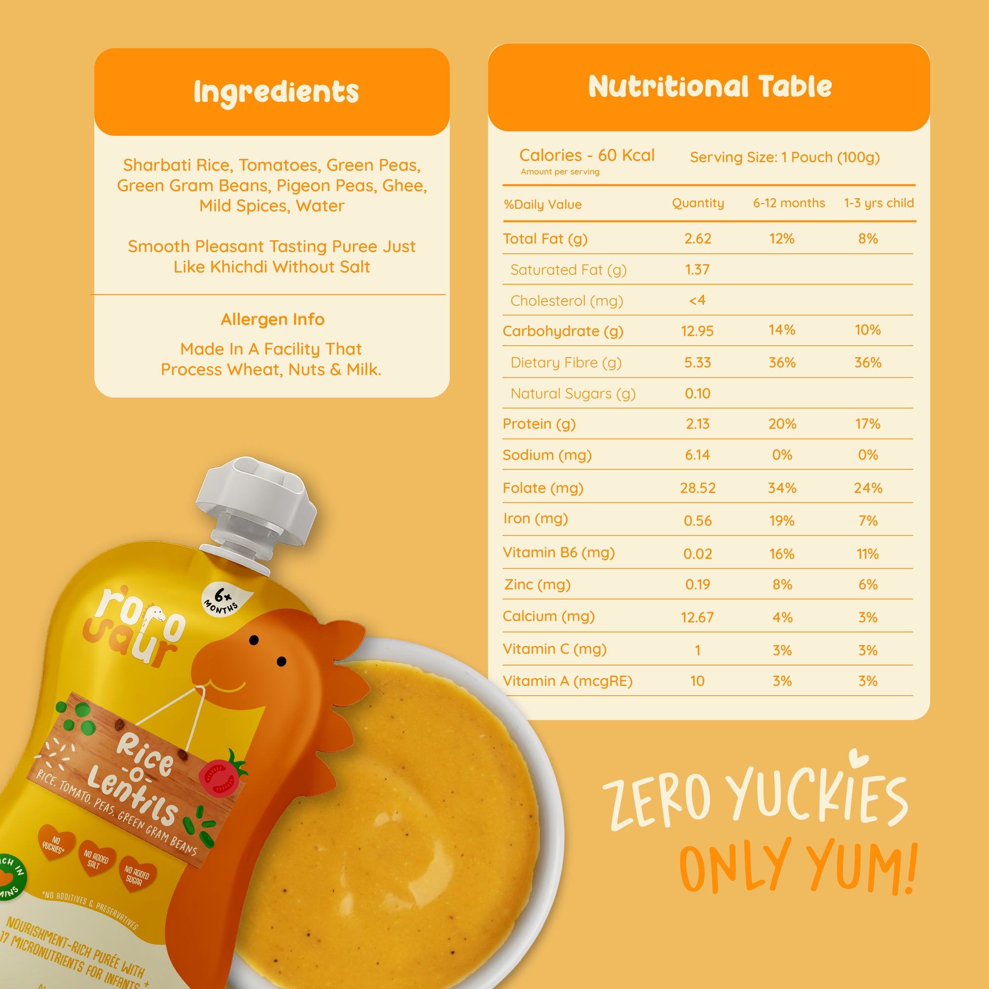 Rorosaur Rice O Lentils baby puree nutrition table showing rich vitamins, protein, and fibre from rice, lentils, and vegetables.
