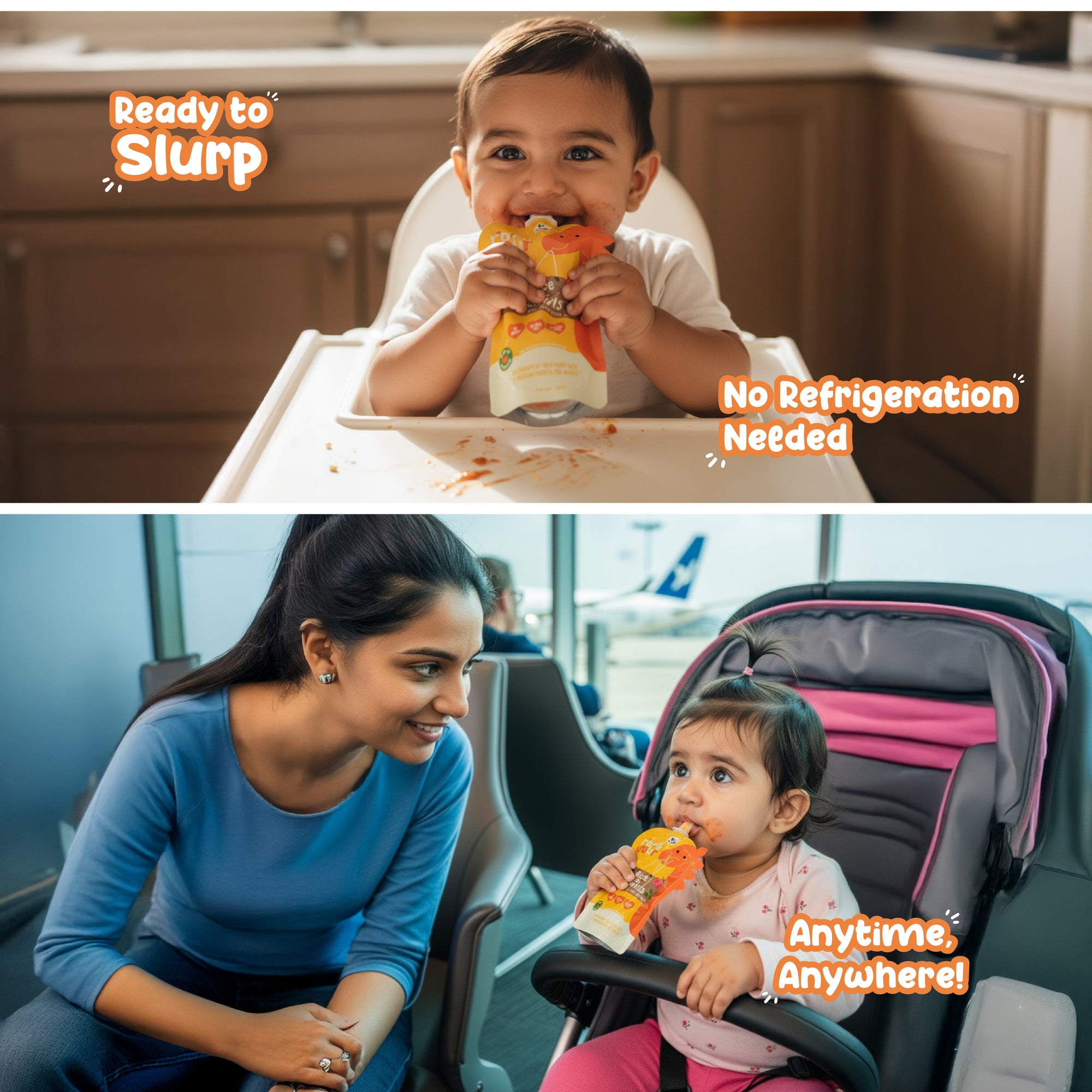 Baby enjoying Rorosaur Rice O Lentils puree showing ready-to-eat convenience with no refrigeration needed.