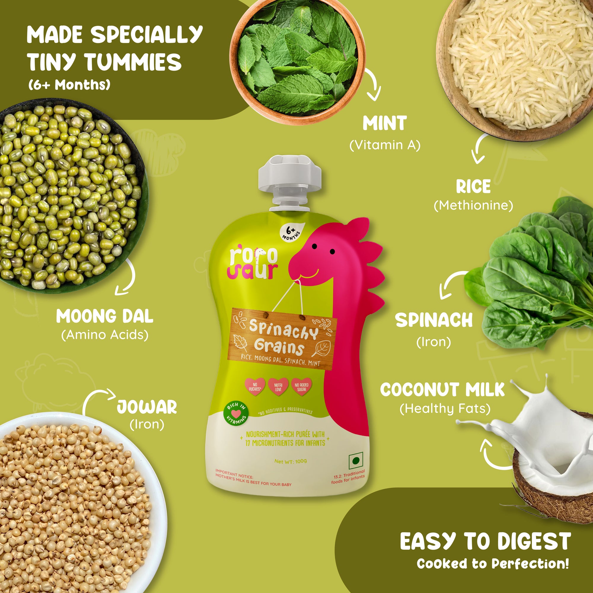 Rorosaur Spinachy Grains baby puree showing moong dal, rice, spinach, mint, jowar, and coconut milk for balanced nutrition.