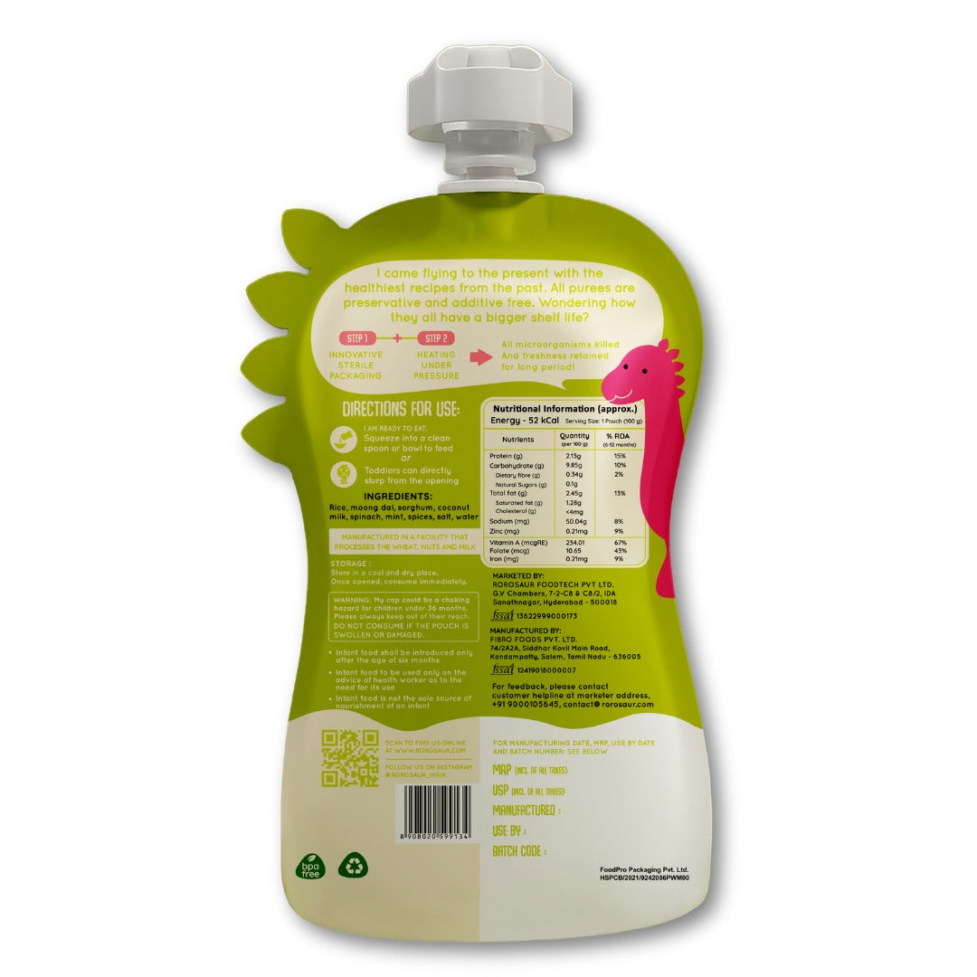 Back of Rorosaur Spinachy Grains baby puree pouch with ingredients, nutrition facts, and storage directions.
