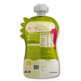 Back of Rorosaur Spinachy Grains baby puree pouch with ingredients, nutrition facts, and storage directions.
