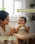 Mother feeding baby Rorosaur Spinachy Grains puree showing wholesome ingredients and complete balanced nutrition.