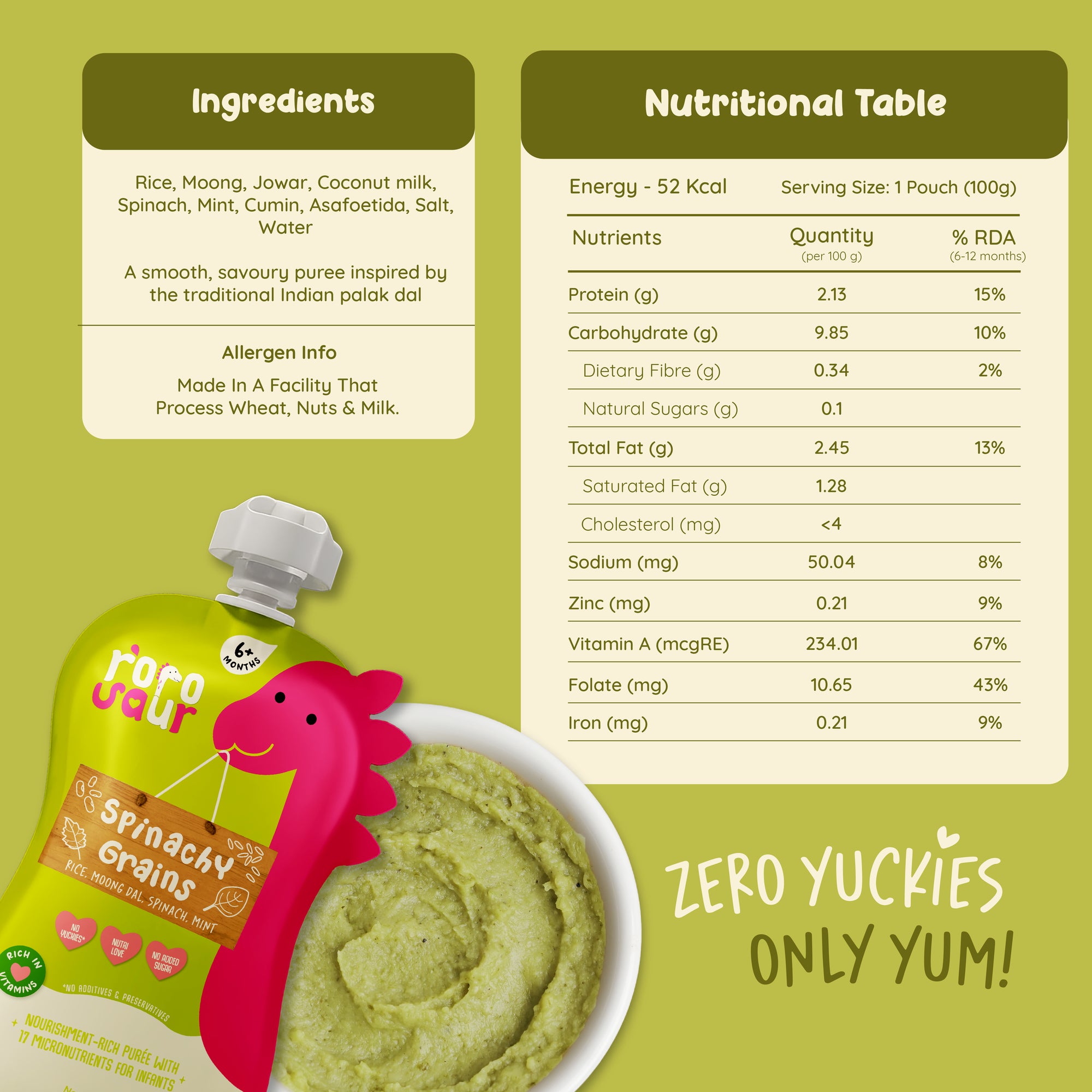 Rorosaur Spinachy Grains baby puree nutrition table showing protein, fibre, and smooth savoury texture with spinach and dal.