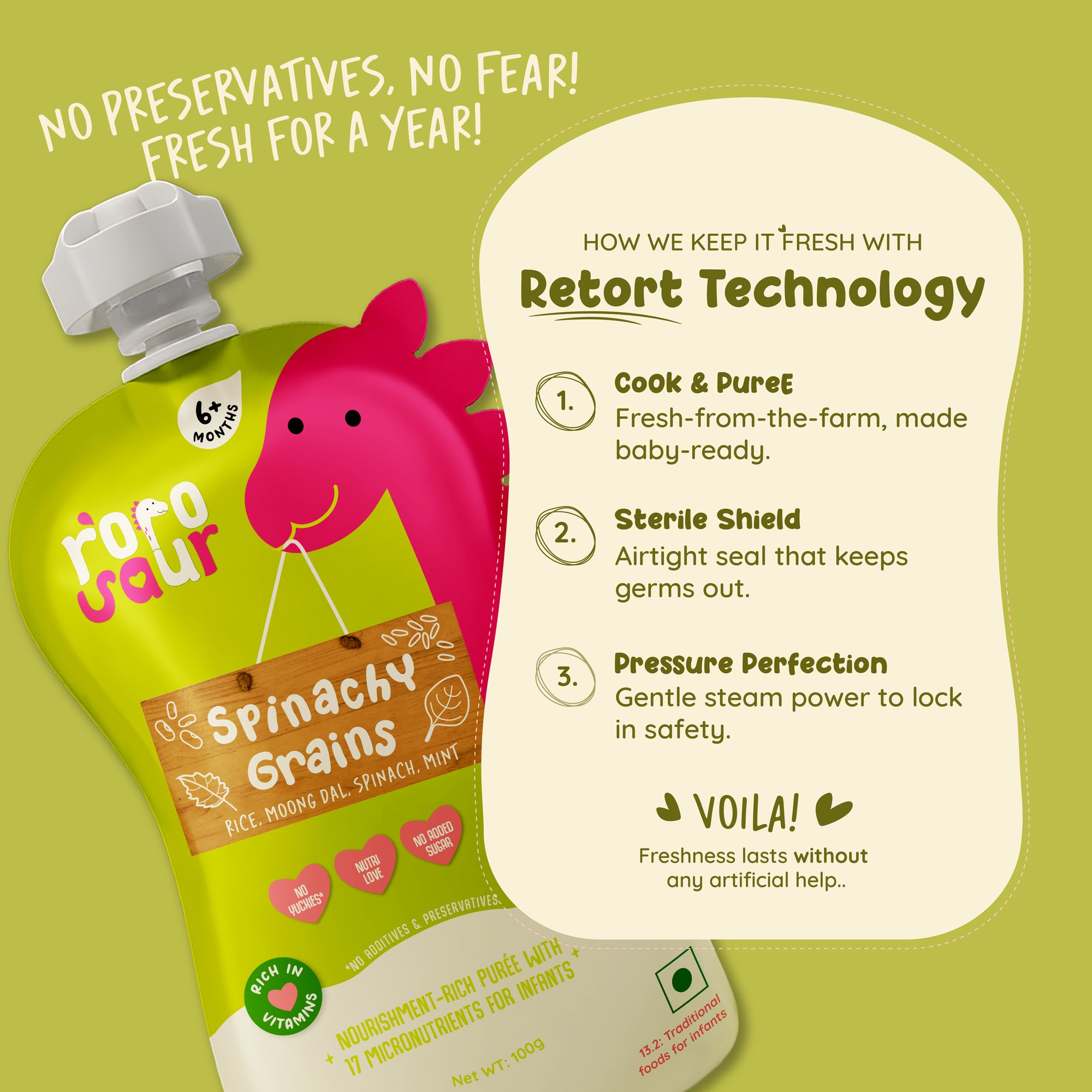  Rorosaur Spinachy Grains baby puree showing retort technology that keeps food fresh for a year without preservatives.