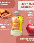 Rorosaur Sweetpotato Apple baby puree showing two ingredients, sweet potato and apple, rich in beta carotene and vitamin C.