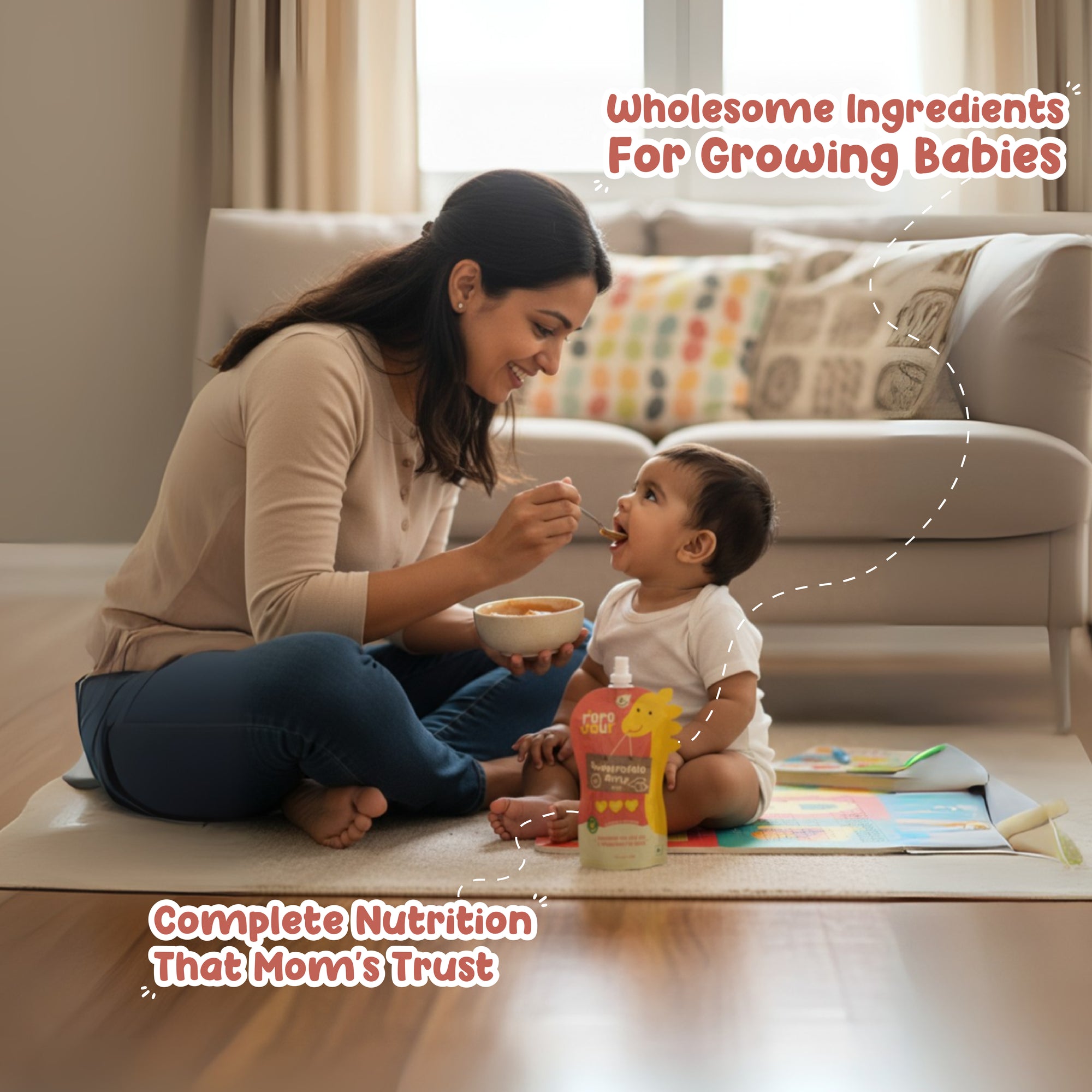  Mother feeding baby Rorosaur Sweetpotato Apple puree with wholesome ingredients and complete nutrition.