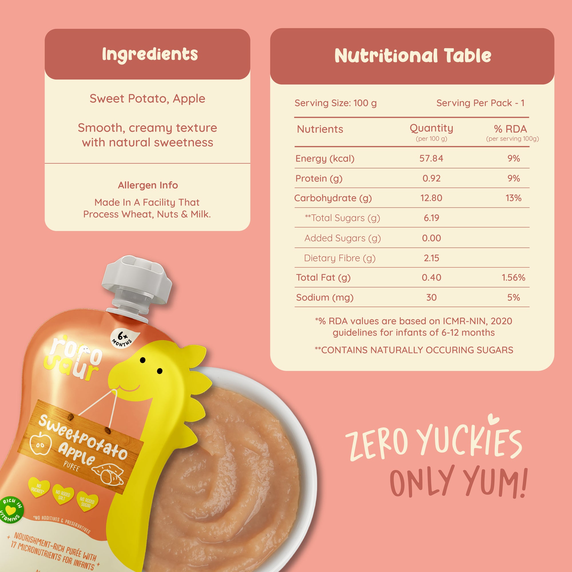 Rorosaur Sweetpotato Apple baby puree nutrition table showing smooth, creamy texture with natural sweetness.