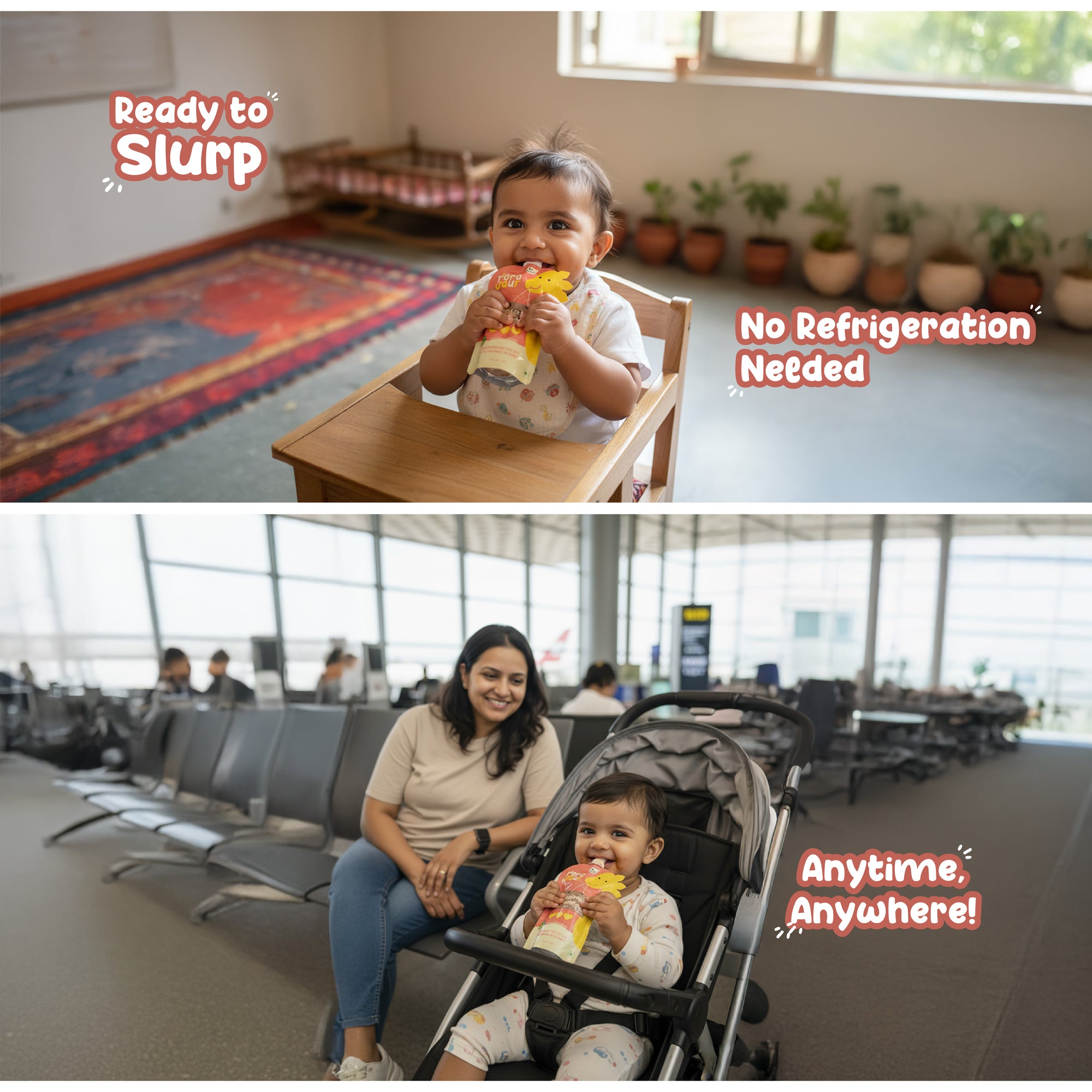 Baby enjoying Rorosaur Sweetpotato Apple puree, no refrigeration needed, ready to eat anywhere.