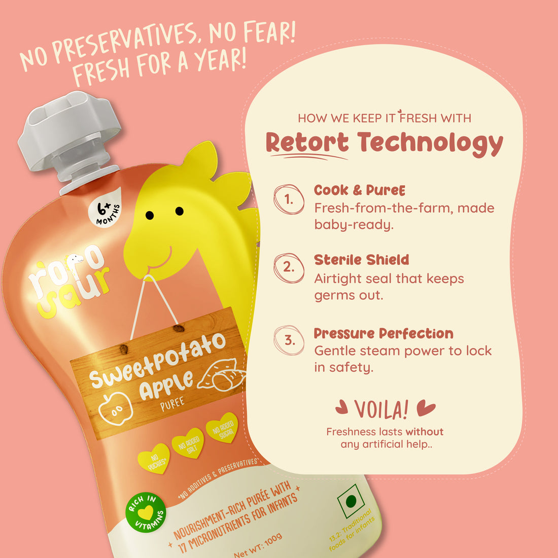 Rorosaur Sweetpotato Apple baby puree showing retort technology that keeps food fresh for a year without preservatives.