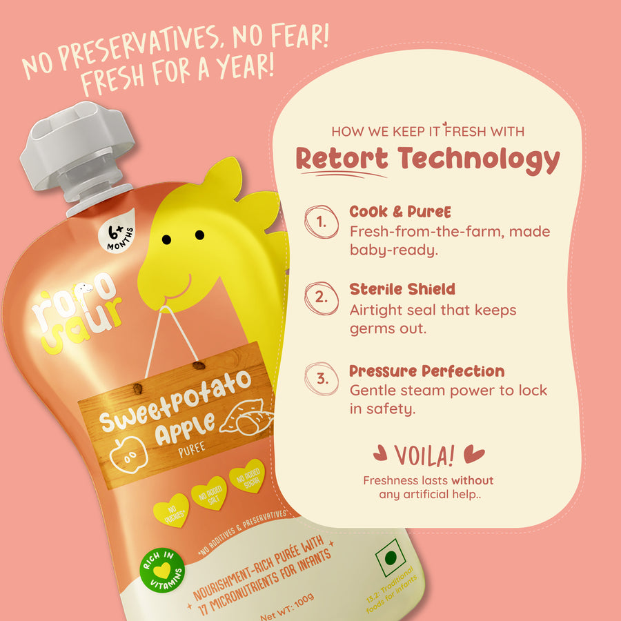 Rorosaur Sweetpotato Apple baby puree showing retort technology that keeps food fresh for a year without preservatives.