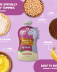 Rorosaur Wheat-y Ragi baby food puree showing ragi, wheat, banana, milk powder, and ghee for 6 months plus babies.
