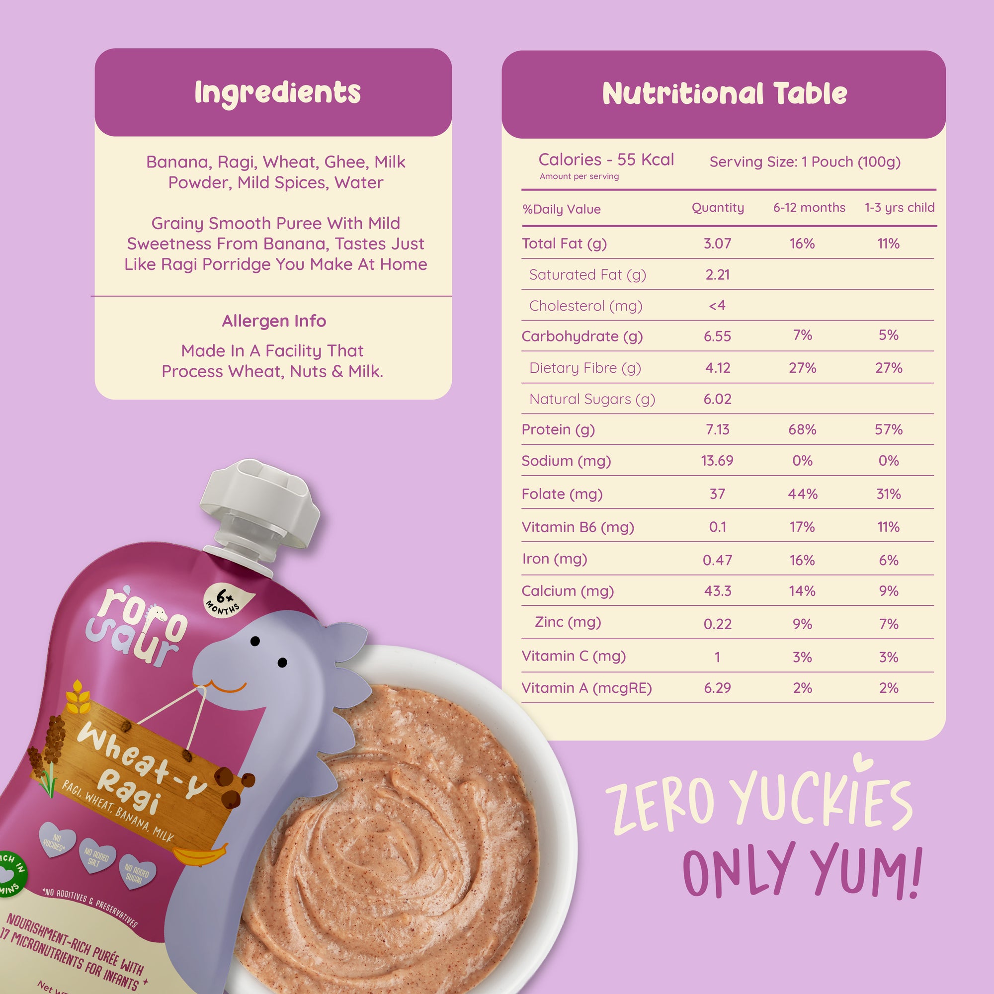 Rorosaur Wheat-y Ragi baby puree nutrition chart with vitamins, minerals, and natural ingredients list.