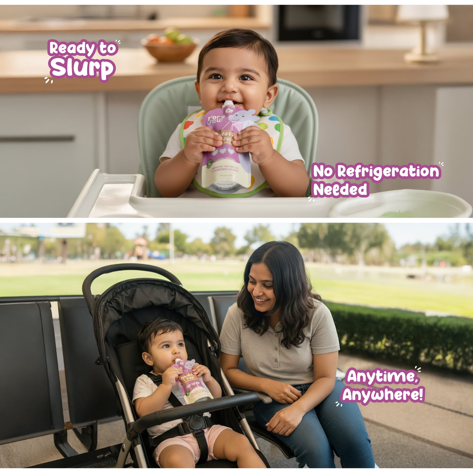 Baby eating Rorosaur Wheat-y Ragi puree, no refrigeration needed, ready to eat anywhere.