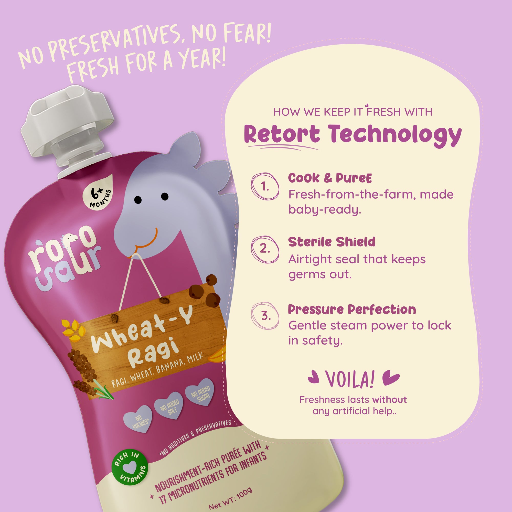 Rorosaur Wheat-y Ragi baby puree showing retort technology that keeps food fresh for a year without preservatives.