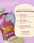 Rorosaur Wheat-y Ragi baby puree showing retort technology that keeps food fresh for a year without preservatives.